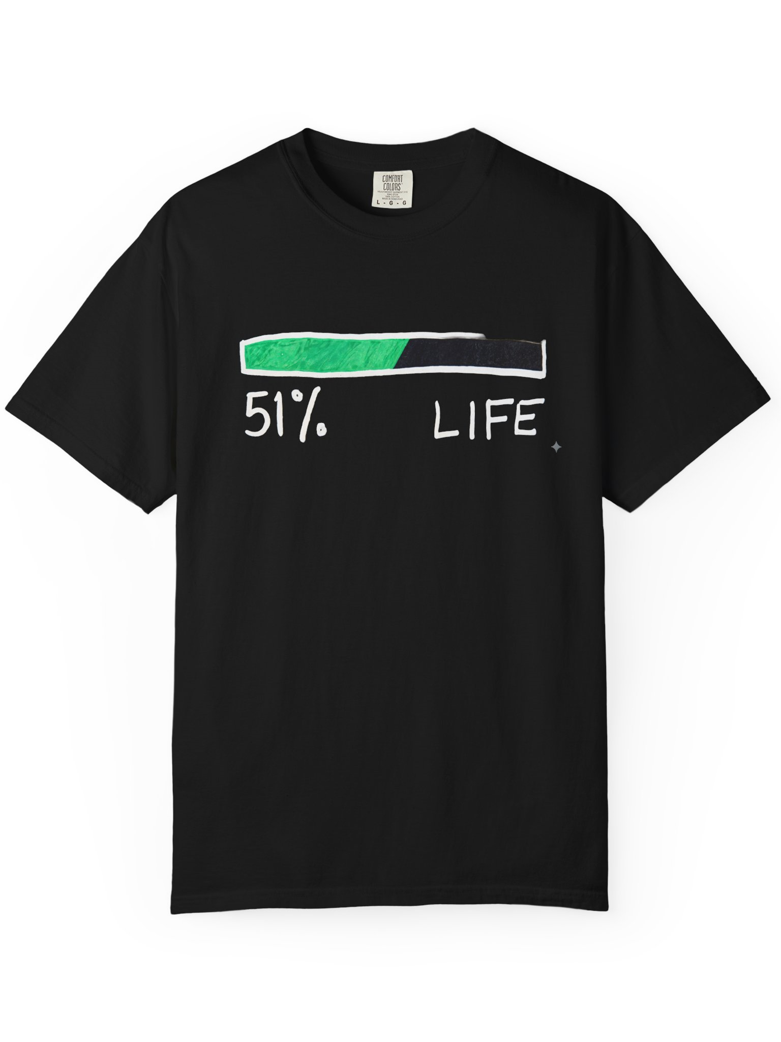 Grafikali qora futbolka "% Life Loading", uniseks rasm 4